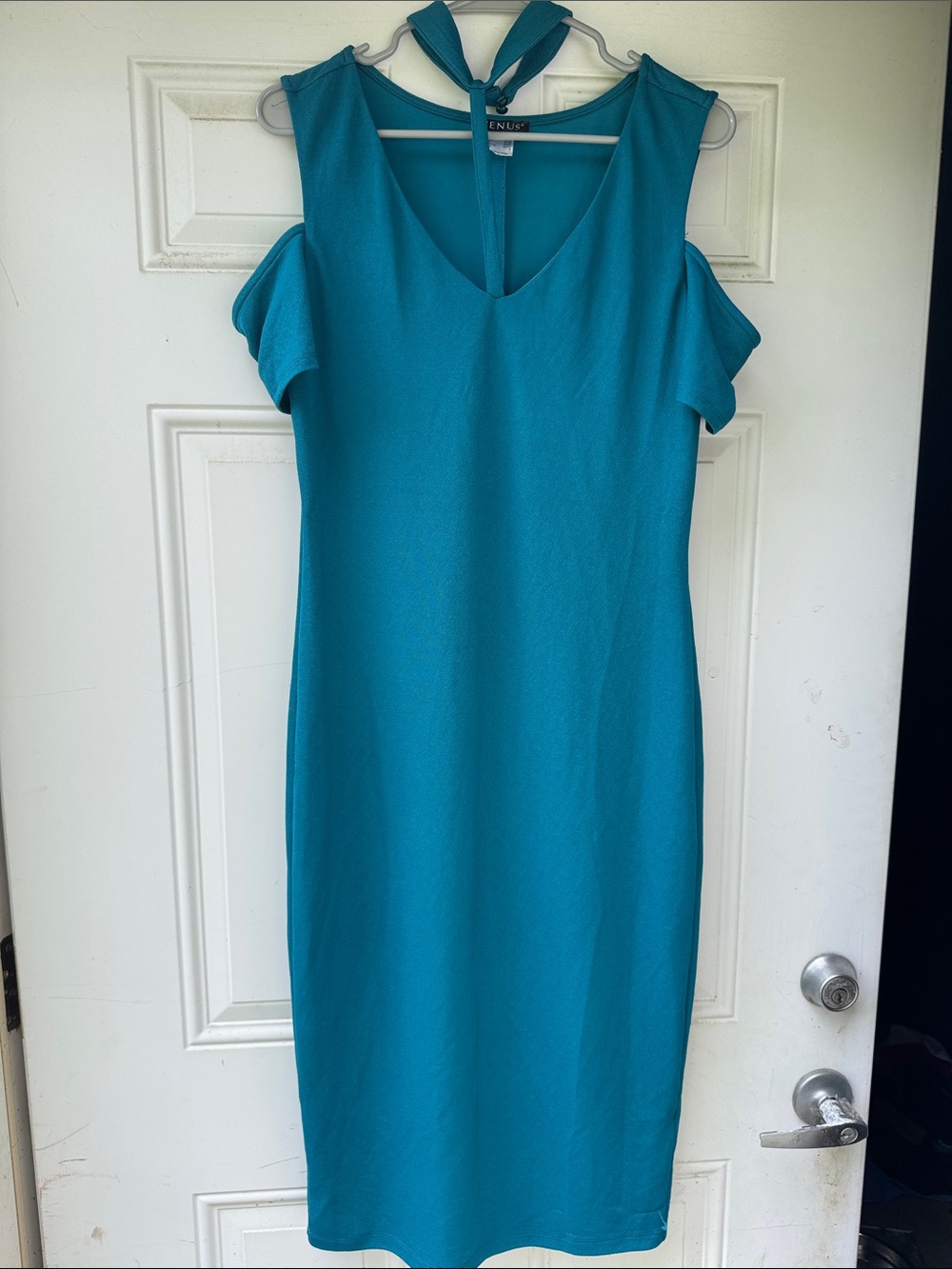 VENUS Teal Cold-Shoulder Midi Dress